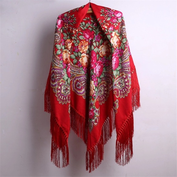 Accessories - New! Red Fringe Floral Russian Scarf